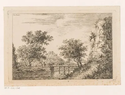 Landschap met een brug waar een man met twee koeien over loopt