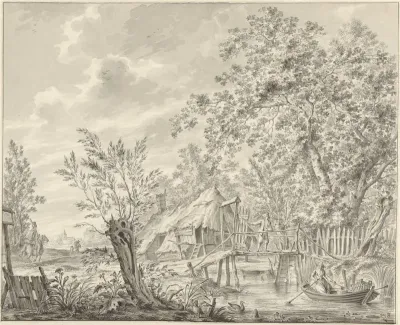 Landschap met een bruggetje en een vrouw in een bootje