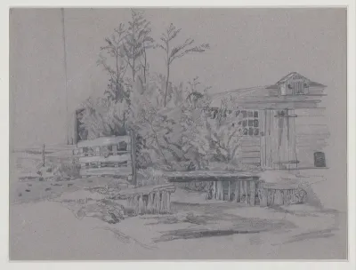 Landschap met een bruggetje en hek, waarover men een schuur bereikt