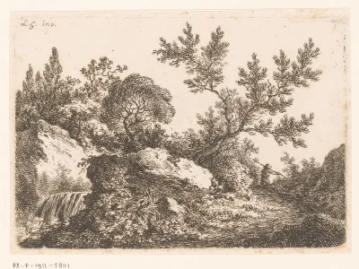 Landschap met een cascade en een man met een stok