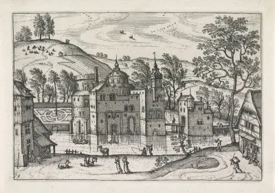 Landschap met een door water omgeven kasteel
