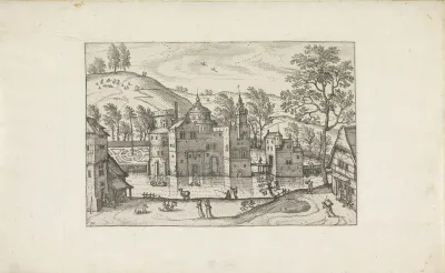Landschap met een door water omgeven kasteel