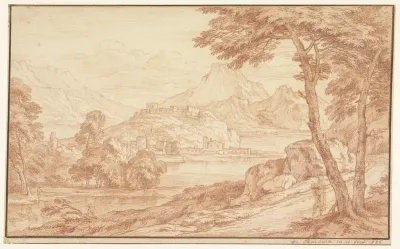Landschap met een dorp aan het water