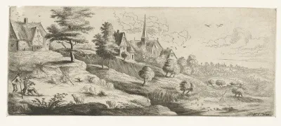 Landschap met een dorp en een schalmei spelende man