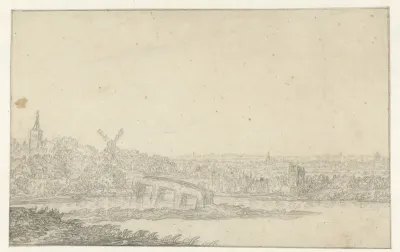 Landschap met een dorp en een stenen brug