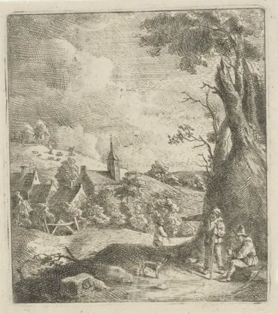 Landschap met een dorp en twee mannen bij een boom