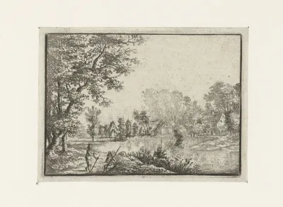Landschap met een dorp en twee mannen