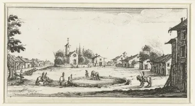 Landschap met een drenkplaats in een dorp