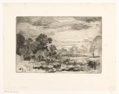 Landschap met een drinkende koe aan de waterkant