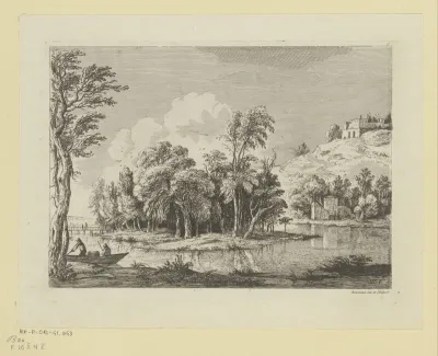Landschap met een eiland met bomen en figuren in een boot