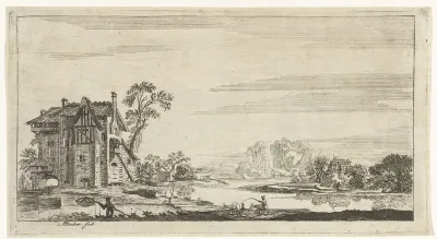 Landschap met een ezel en een visser op de voorgrond