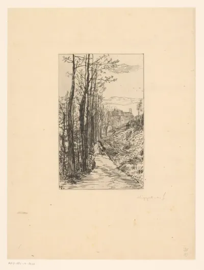 Landschap met een figuur die over een weg richting bebouwing loopt
