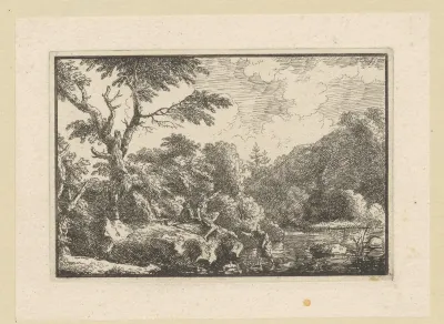 Landschap met een figuur wadend door water en twee rustend op een rots