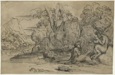 Landschap met een fluitspelende sater, vrouw en putto