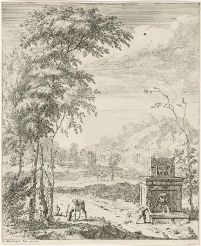 Landschap met een fontein en een ezel