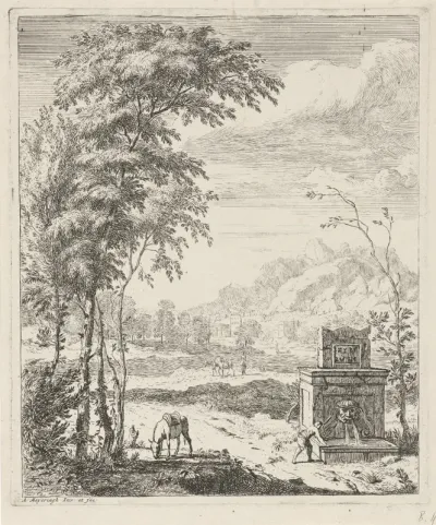 Landschap met een fontein en een ezel