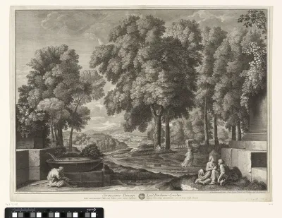 Landschap met een fontein, monument en mensen