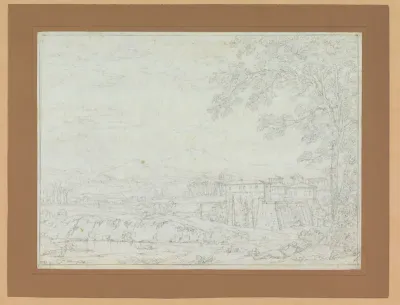 Landschap met een gebouw en op de voorgrond een slapende herder
