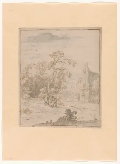Landschap met een gebouw en twee mannen bij een mand