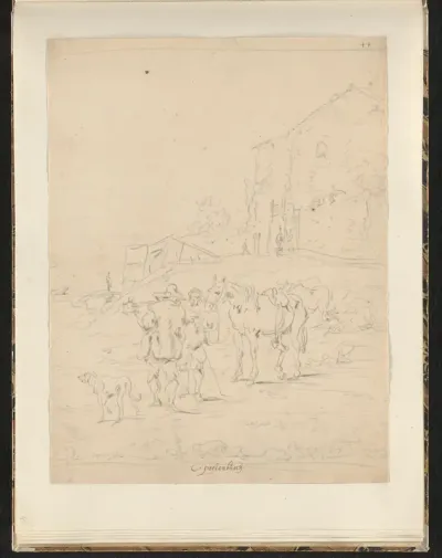 Landschap met een gebouw en twee mensen met paard