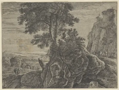 Landschap met een gebouw op een rots