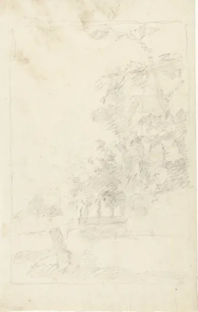 Landschap met een gebouw tussen hoge bomen