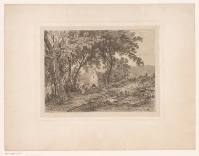 Landschap met een geestelijke bij een kerk