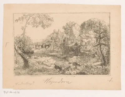 Landschap met een gemaal tussen bomen