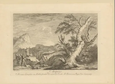 Landschap met een gevelde boom en auguren die op een rots naar de lucht kijken