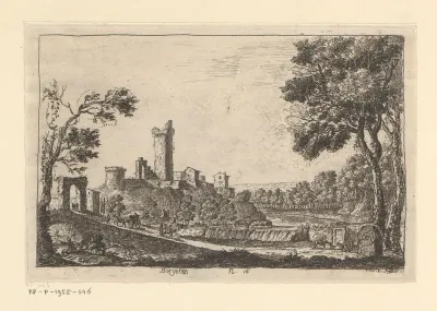 Landschap met een gezicht op een brug en een ruïne