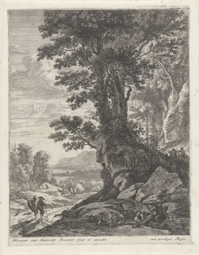 Landschap met een groep bomen en wandelaars