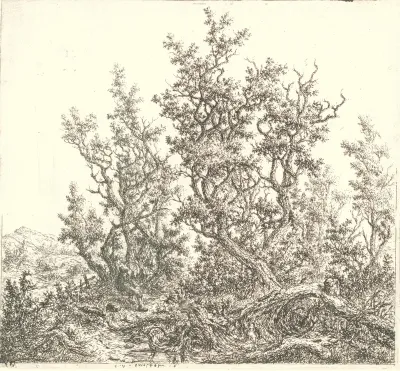 Landschap met een groep eiken en een rustende man