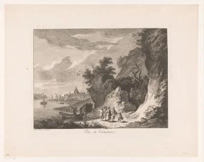Landschap met een groep figuren en boten op een rivier