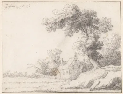 Landschap met een groep huizen aan een bosrand