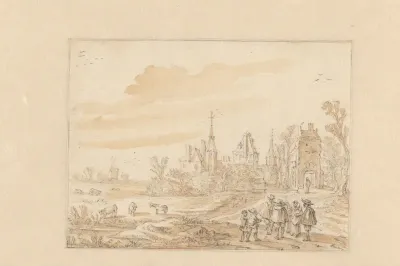 Landschap met een groep personen en een kasteel