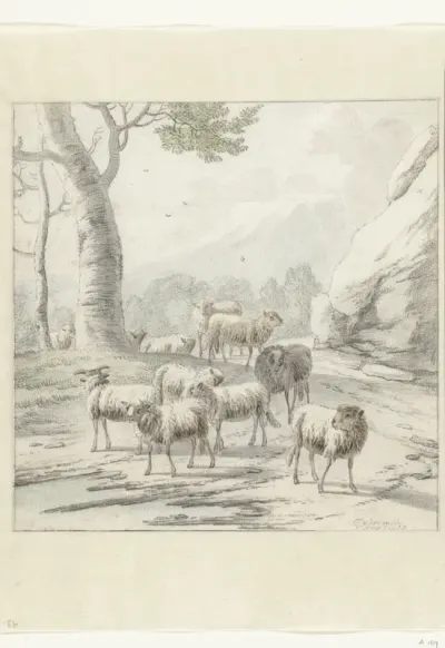 Landschap met een groep schapen bij de voet van een boom