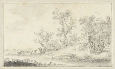 Landschap met een groep van vier personen, links vee