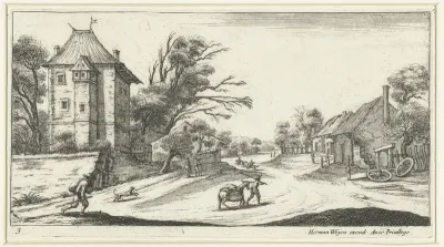 Landschap met een groot huis aan een dorpsweg