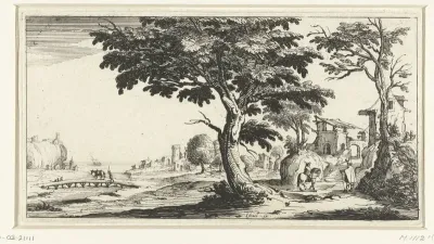 Landschap met een grote boom en een ruiter