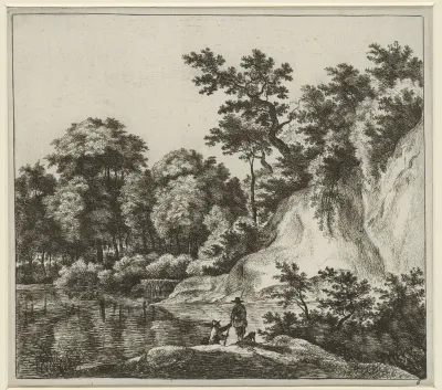Landschap met een grote rots aan het water
