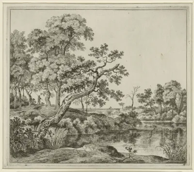 Landschap met een hangende boom aan het water