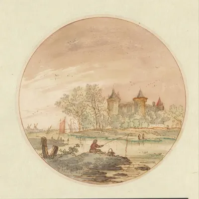 Landschap met een hengelaar en een kasteel