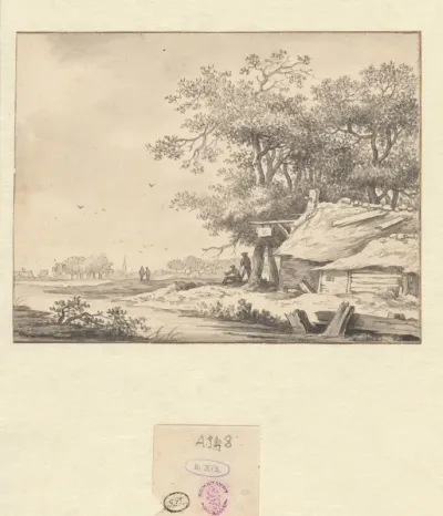 Landschap met een herberg bij een slootje
