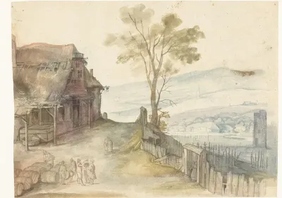 Landschap met een herberg en een schutting