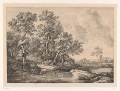 Landschap met een herder bij een boom en twee koeien in een poel