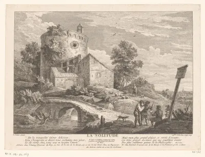 Landschap met een herder en drie mannen bij een bouwwerk