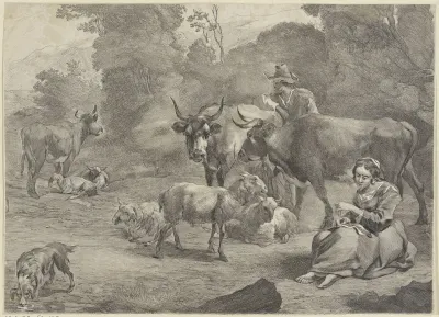 Landschap met een herder en een naaiende herderin