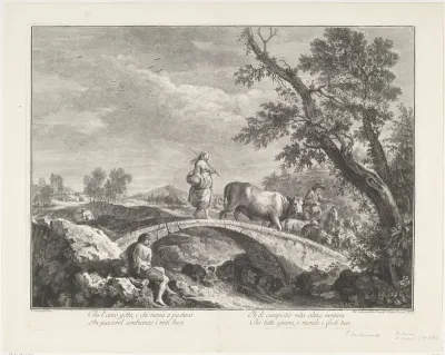 Landschap met een herder en herderin met kudde op een bruggetje