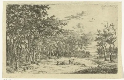 Landschap met een herder en zijn kudde aan de rand van het bos