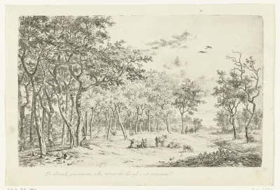 Landschap met een herder en zijn kudde aan de rand van het bos